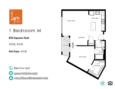 Floor plan for 1 bed, 1 bath, 870 sqft